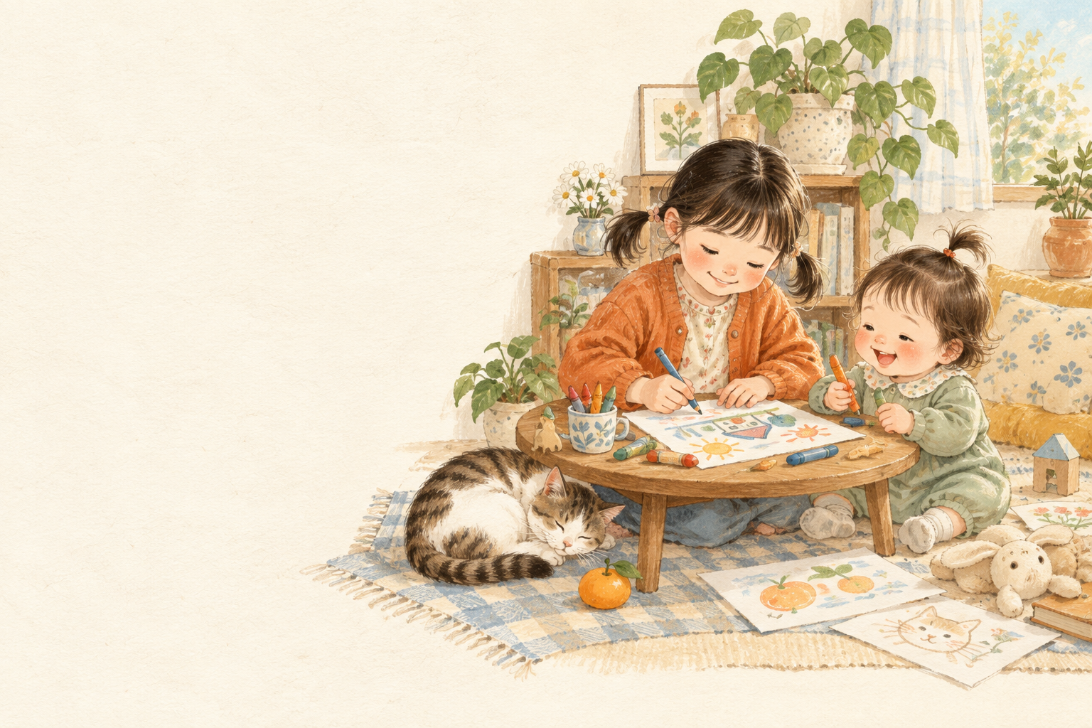 绘本里的姐妹俩，一起坐在小桌旁画画